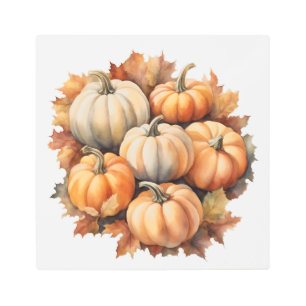 Watercolor Autumn Pumpkins with Leaves Metal Print