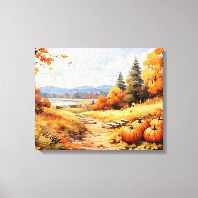 Watercolor Autumn Road Pumpkin Falling Leaves Canvas Print (Front)