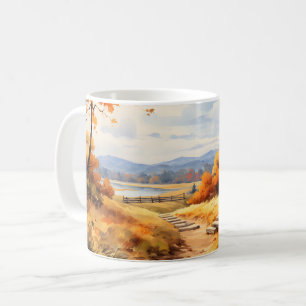 Watercolor Autumn Road Pumpkin Falling Leaves Coffee Mug