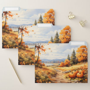 Watercolor Autumn Road Pumpkin Falling Leaves File Folder