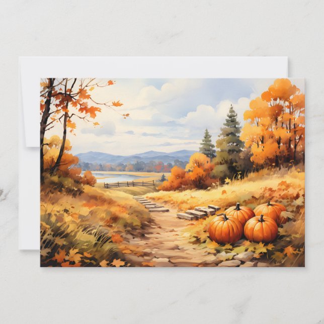 Watercolor Autumn Road Pumpkin Falling Leaves Holiday Card (Front)