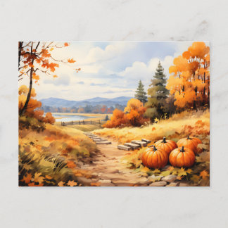 Watercolor Autumn Road Pumpkin Falling Leaves Holiday Postcard