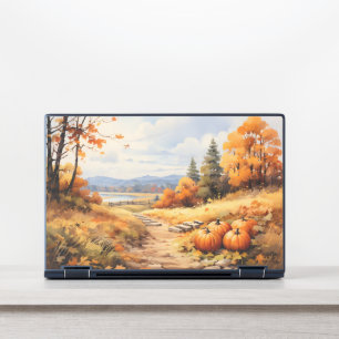Watercolor Autumn Road Pumpkin Falling Leaves HP Laptop Skin