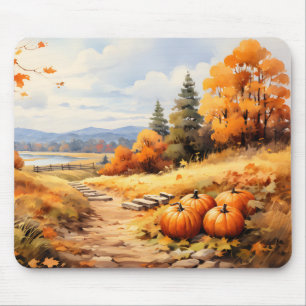 Watercolor Autumn Road Pumpkin Falling Leaves Mouse Pad
