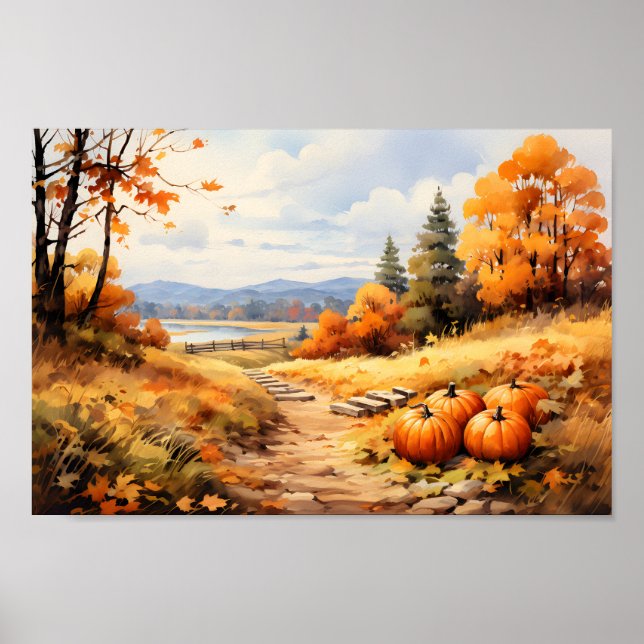 Watercolor Autumn Road Pumpkin Falling Leaves Poster (Front)