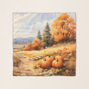 Watercolor Autumn Road Pumpkin Falling Leaves Scarf