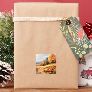 Watercolor Autumn Road Pumpkin Falling Leaves Square Sticker
