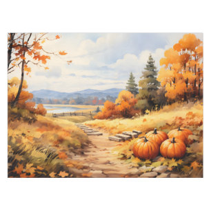Watercolor Autumn Road Pumpkin Falling Leaves Tablecloth