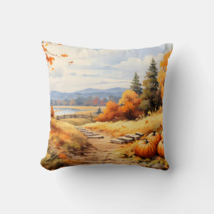 Watercolor Autumn Road Pumpkin Falling Leaves Throw Pillow
