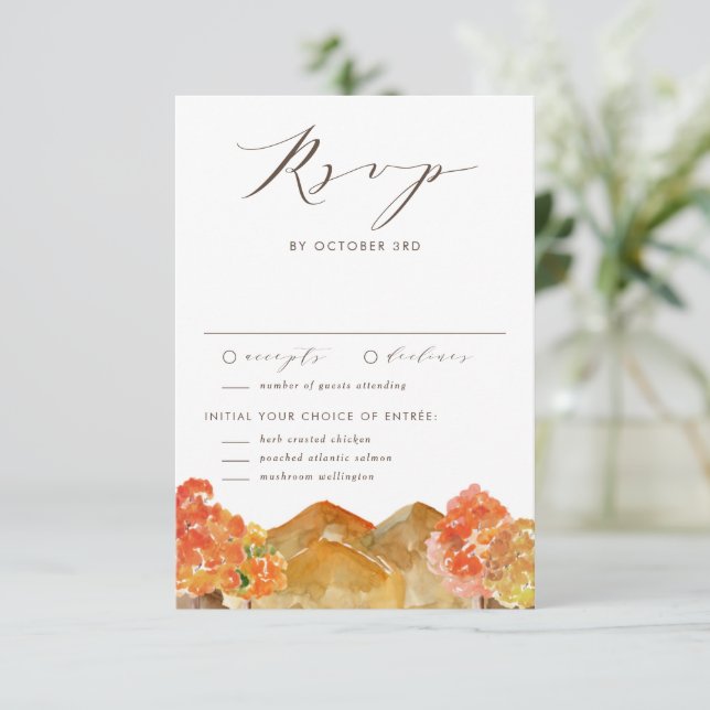 Watercolor Autumn Scenery Fall Wedding RSVP Card (Standing Front)