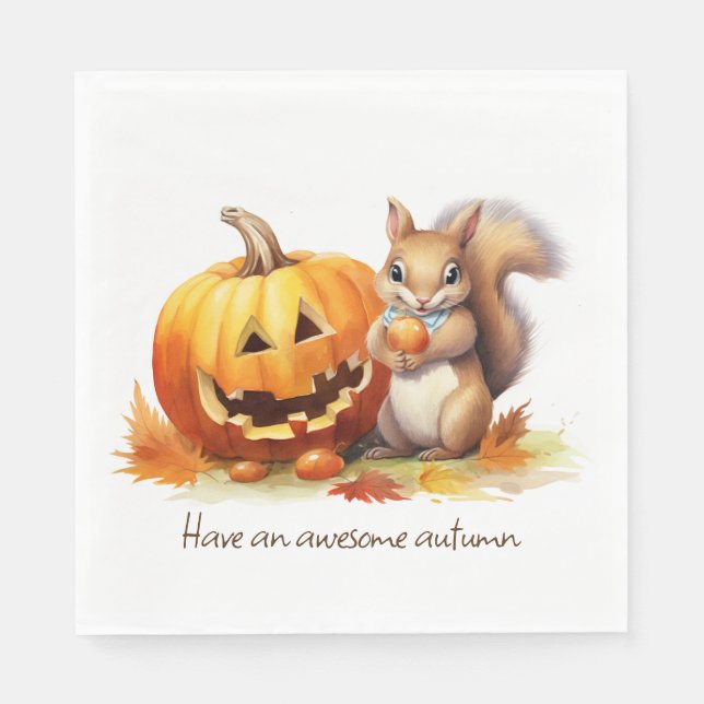 Watercolor Autumn Squirrel With Jack-o-lantern Napkins (Front)