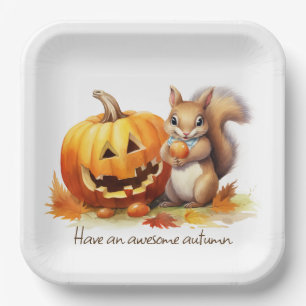 Watercolor Autumn Squirrel With Jack-o-lantern Paper Plates
