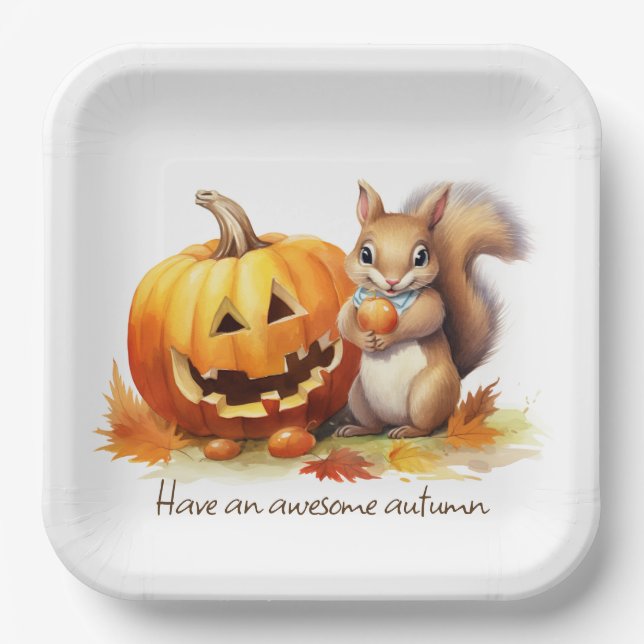 Watercolor Autumn Squirrel With Jack-o-lantern Paper Plates (Front)