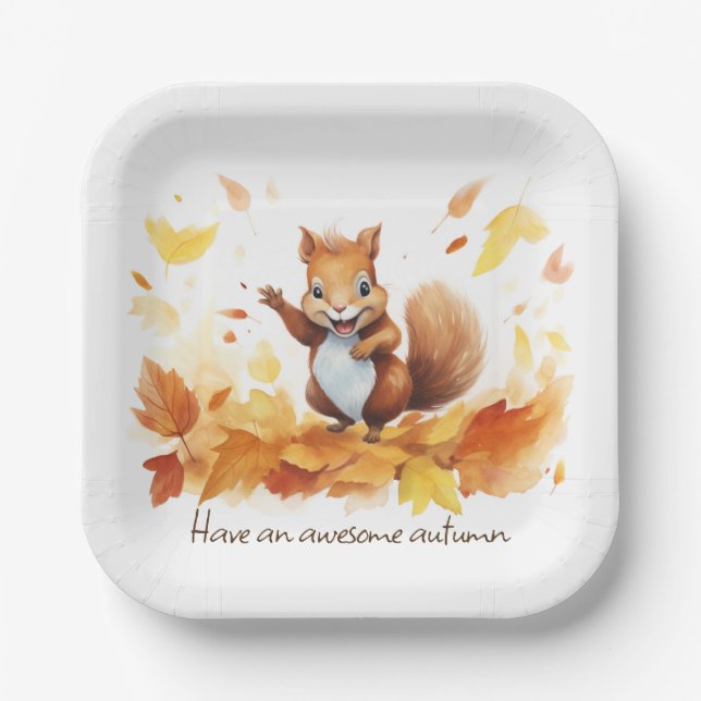 Watercolor Autumn Squirrel With Leaves Paper Plates (Front)