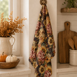 Watercolor Autumn Sunflowers & Floral Plaid Kitchen Towel