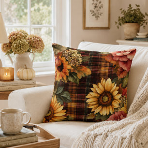Watercolor Autumn Sunflowers & Floral Plaid Throw Pillow