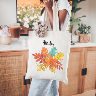 Watercolor Autumn Tote Bag, Custom Fall Leaves Bag