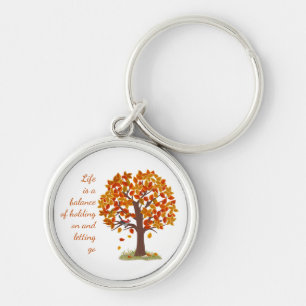 Watercolor Autumn Tree Life is Balance Quote Keychain