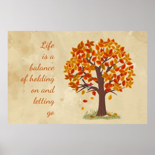 Watercolor Autumn Tree Life is Balance Quote  Poster