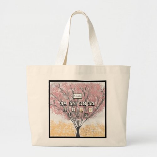 Watercolor Autumn Tree with Family Photos Large Tote Bag