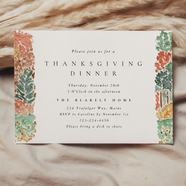 Watercolor Autumn Trees Thanksgiving Dinner Invitation (Watercolor Autumn Trees Thanksgiving Dinner Invitation)