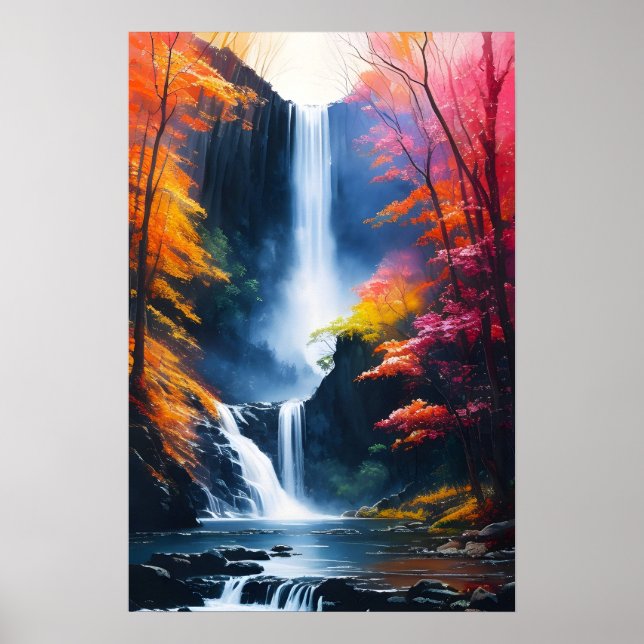 Watercolor autumn waterfall painting poster (Front)