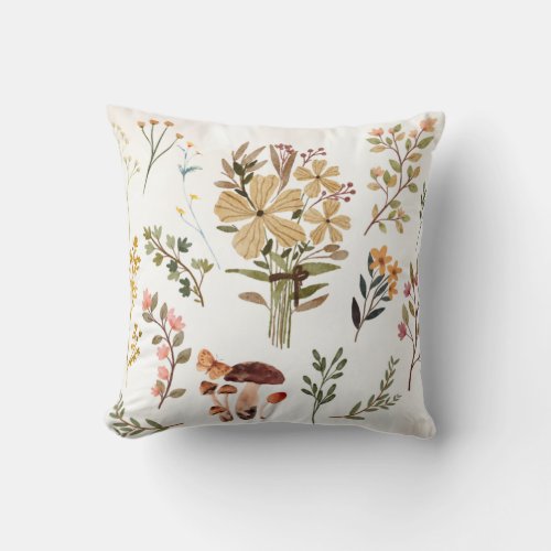 Watercolor Autumn Wildflower Floral  Throw Pillow