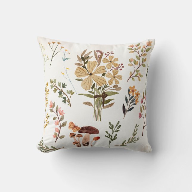 Watercolor Autumn Wildflower Floral  Throw Pillow (Front)