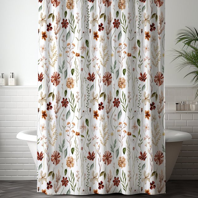 Watercolor Autumn Wildflower Garden Floral Pattern Shower Curtain (In situ)
