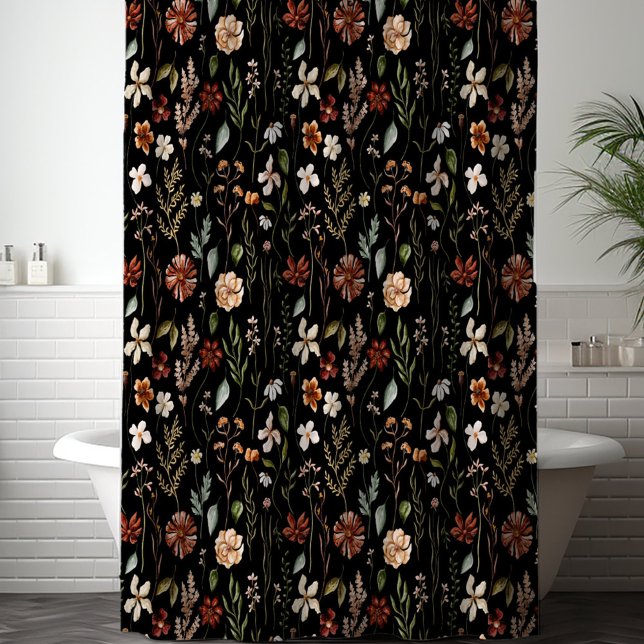 Watercolor Autumn Wildflower Garden Floral Pattern Shower Curtain (In situ)