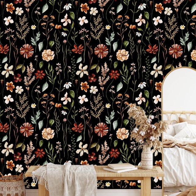 Watercolor Autumn Wildflower Garden Floral Pattern Wallpaper (In situ)
