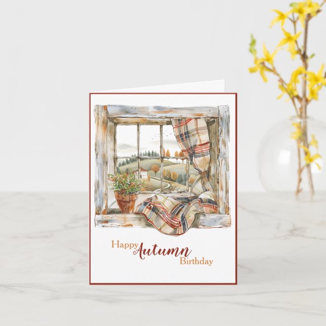 Watercolor Autumn Window Birthday Card (Yellow Flower)