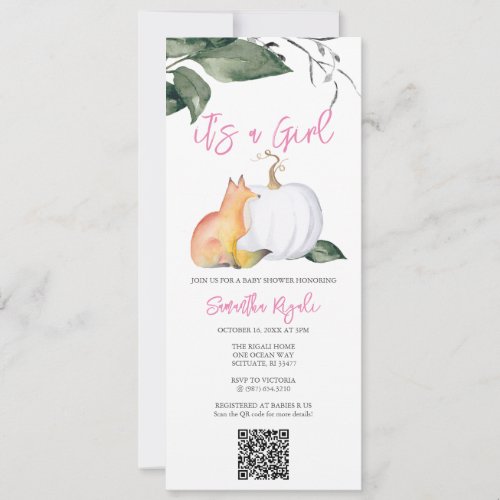 Watercolor Autumn Woodland Baby Girl Shower Invitation