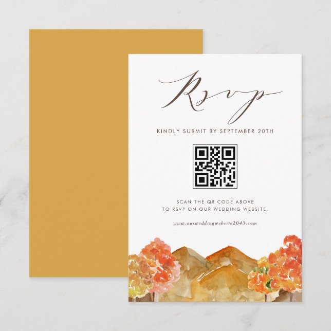 Watercolor Autumn Woodlands Wedding QR Code RSVP Card (Front/Back)