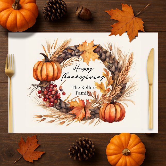 Watercolor Autumn Wreath Thanksgiving Placemat (Creator Uploaded)