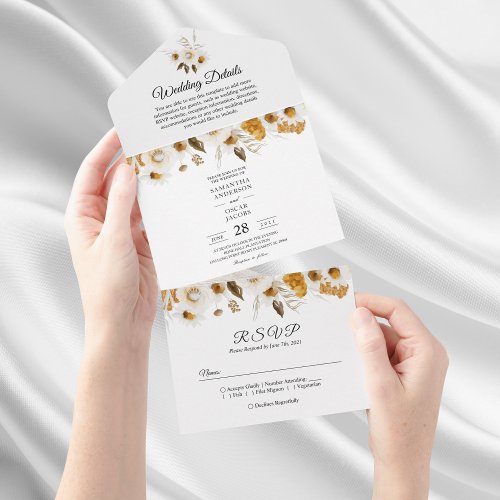 Watercolor Autumn Yellow  White Floral Frame All In One Invitation