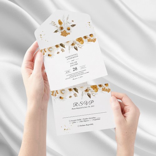 Watercolor Autumn Yellow  White Floral Frame All In One Invitation