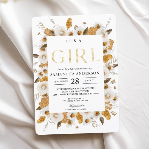 Watercolor Autumn Yellow  White Floral Frame Invitation