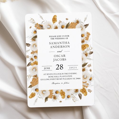 Watercolor Autumn Yellow  White Floral Frame Invitation