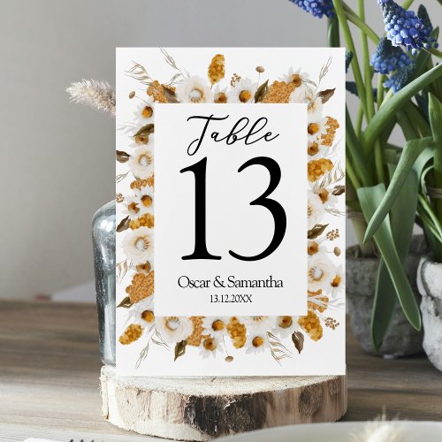 Watercolor Autumn Yellow  White Floral Frame Table Number