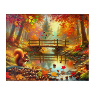 Watercolor Autumnal Forest scene with squirrel Acrylic Print