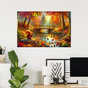 Watercolor Autumnal Forest scene with squirrel Poster