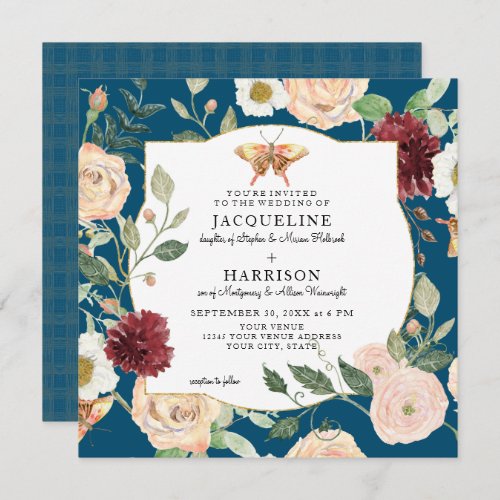 Watercolor AutumnBlue n Rose  Floral Butterfly Invitation