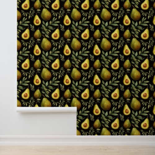 Watercolor Avacado and Branches Pattern Wallpaper