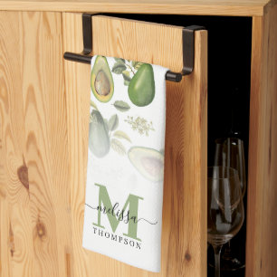 Watercolor Avocado Botanical Pattern Monogrammed Kitchen Towel