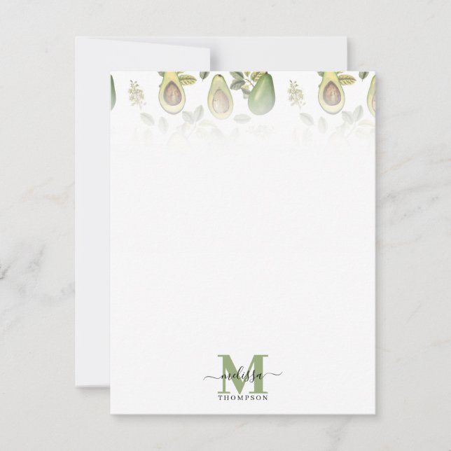 Watercolor Avocado Botanical Pattern Monogrammed Note Card (Front)