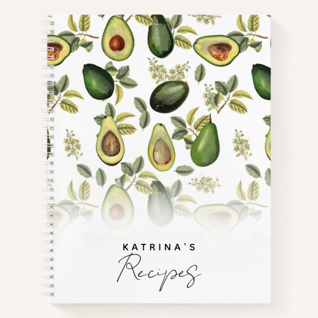Watercolor Avocado Botanical Pattern Recipe Notebook (Front)