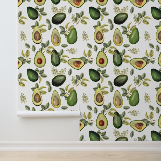 Watercolor Avocado Botanical Pattern Wallpaper (Application)