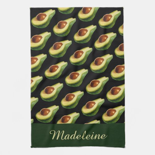 Watercolor Avocado Fruit Pattern Script Name  Kitchen Towel