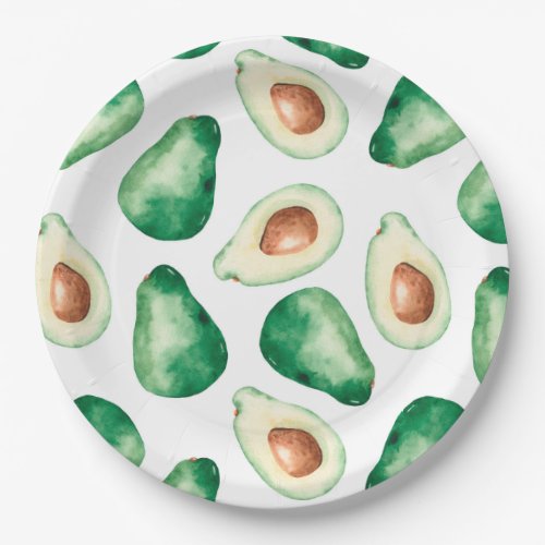 Watercolor Avocado Pattern Birthday Party Paper Plates